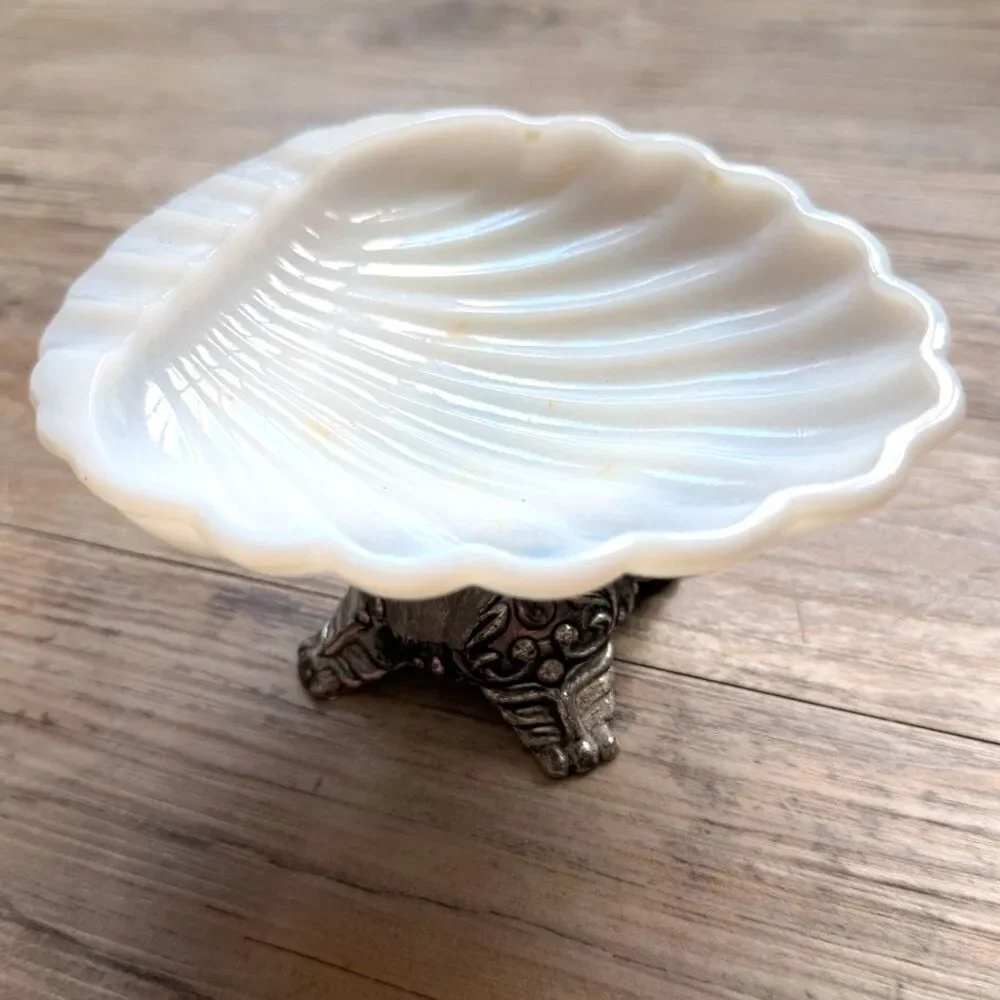 Vintage Milk Glass Shell Dish Pedestal Soap Dish Coastal Cottage Jewelry Trinket